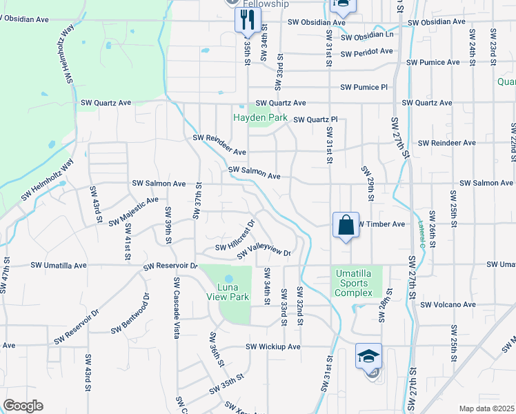 map of restaurants, bars, coffee shops, grocery stores, and more near 3209 Southwest Hillcrest Drive in Redmond