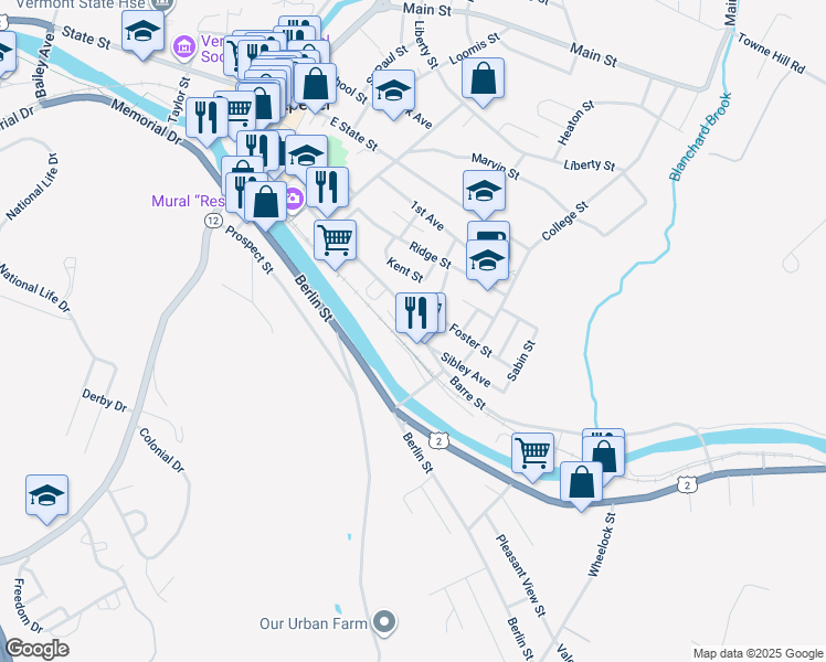 map of restaurants, bars, coffee shops, grocery stores, and more near 215 Barre Street in Montpelier