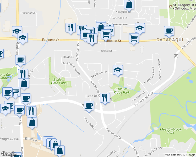 map of restaurants, bars, coffee shops, grocery stores, and more near 940 Warburton Crescent in Kingston