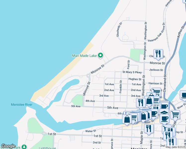 map of restaurants, bars, coffee shops, grocery stores, and more near 17 Cottage Lane in Manistee
