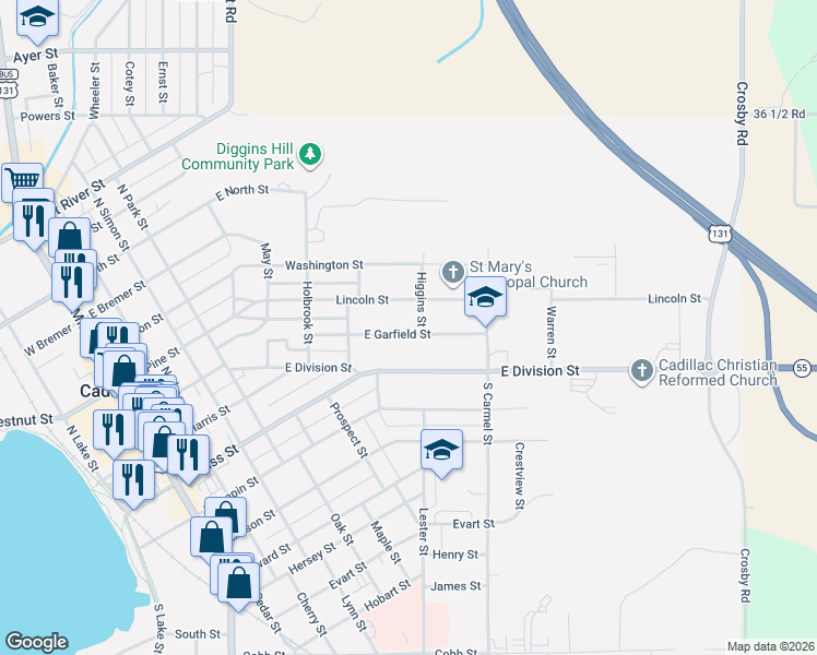 map of restaurants, bars, coffee shops, grocery stores, and more near 706-798 Lincoln St in Cadillac
