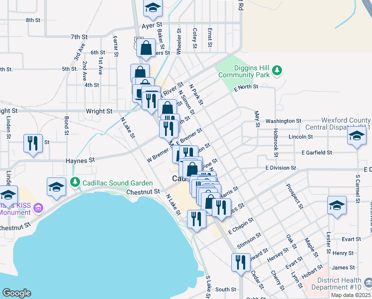 map of restaurants, bars, coffee shops, grocery stores, and more near 202 East Bremer Street in Cadillac