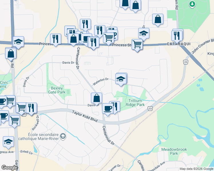 map of restaurants, bars, coffee shops, grocery stores, and more near 973 Warburton Crescent in Kingston