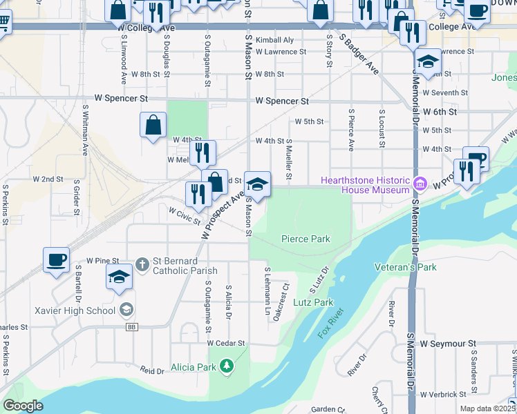 map of restaurants, bars, coffee shops, grocery stores, and more near 1000 South Mason Street in Appleton