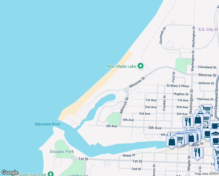 map of restaurants, bars, coffee shops, grocery stores, and more near 318 Lakeshore Drive in Manistee