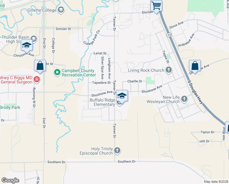 map of restaurants, bars, coffee shops, grocery stores, and more near 4499 Tanner Dr in Gillette
