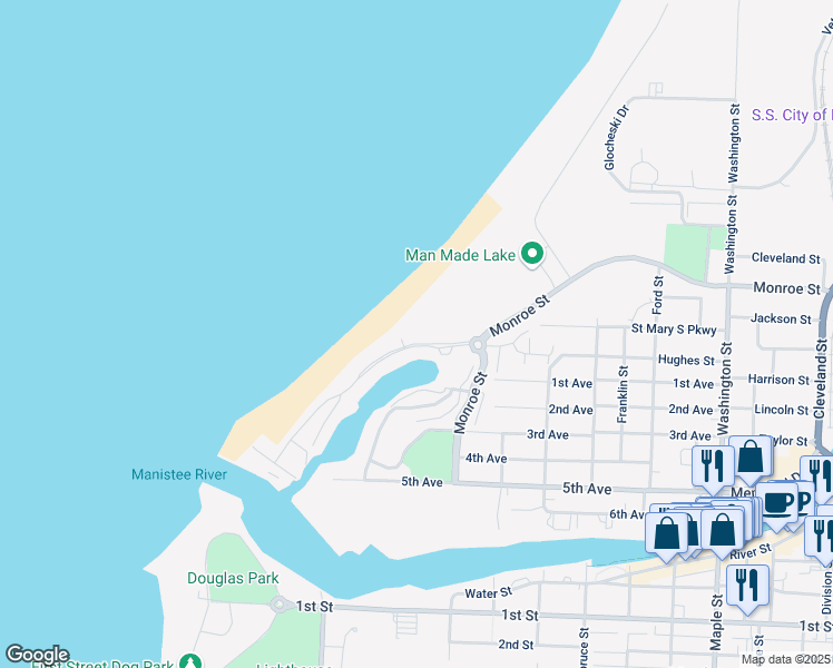 map of restaurants, bars, coffee shops, grocery stores, and more near 318 Lakeshore Drive in Manistee