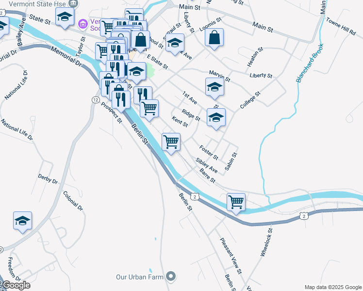 map of restaurants, bars, coffee shops, grocery stores, and more near 169 Barre Street in Montpelier
