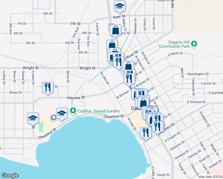 map of restaurants, bars, coffee shops, grocery stores, and more near 601 North Lake Street in Cadillac