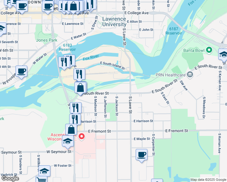 map of restaurants, bars, coffee shops, grocery stores, and more near 424 East South River Street in Appleton