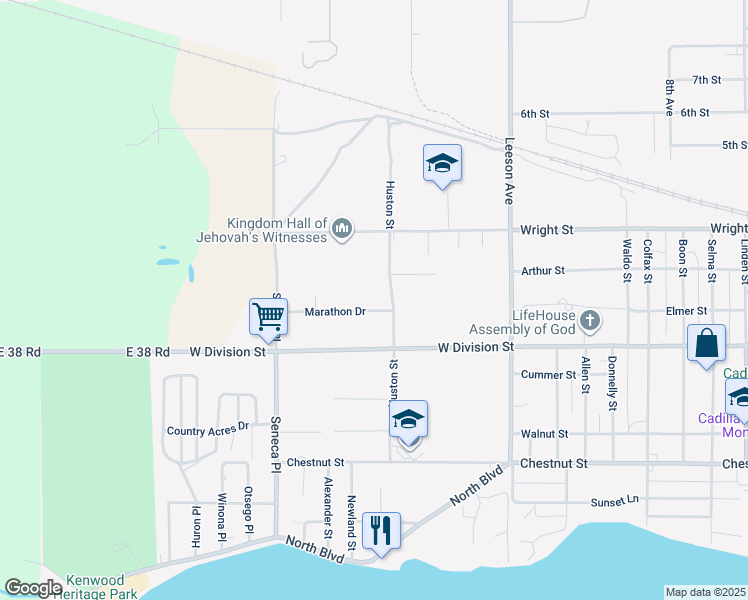 map of restaurants, bars, coffee shops, grocery stores, and more near 601-707 Huston Street in Cadillac