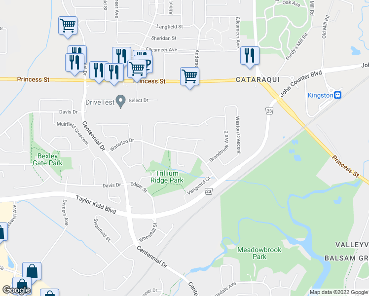 map of restaurants, bars, coffee shops, grocery stores, and more near 312 Waterloo Drive in Kingston