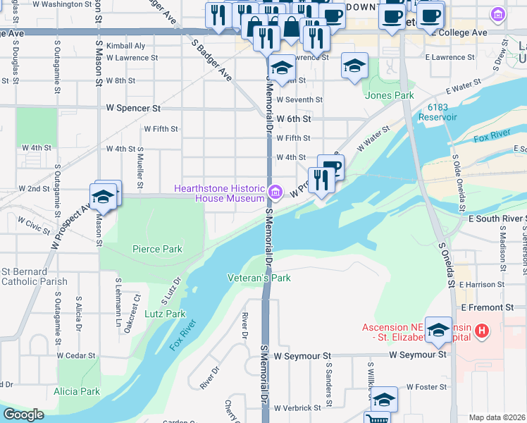 map of restaurants, bars, coffee shops, grocery stores, and more near 717 West Prospect Avenue in Appleton