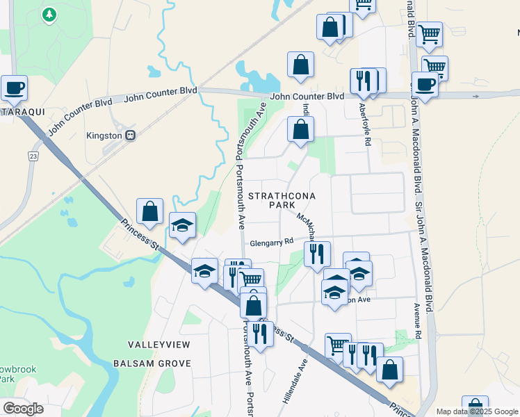 map of restaurants, bars, coffee shops, grocery stores, and more near 35 Algonquin Terrace in Kingston