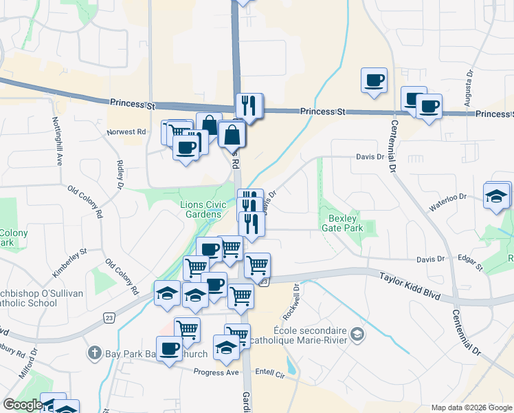 map of restaurants, bars, coffee shops, grocery stores, and more near 649 Davis Drive in Kingston