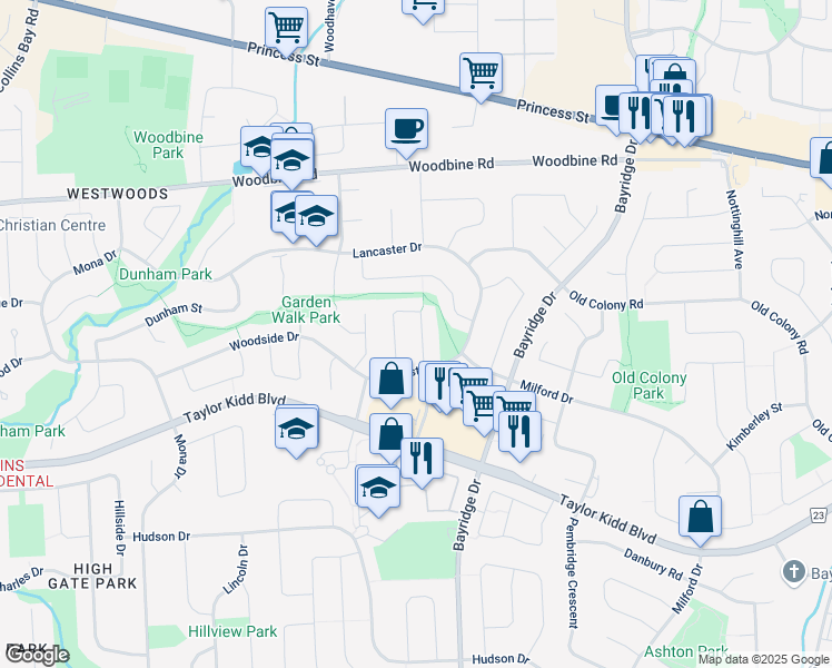 map of restaurants, bars, coffee shops, grocery stores, and more near 854 Bridle Path Crescent in Kingston