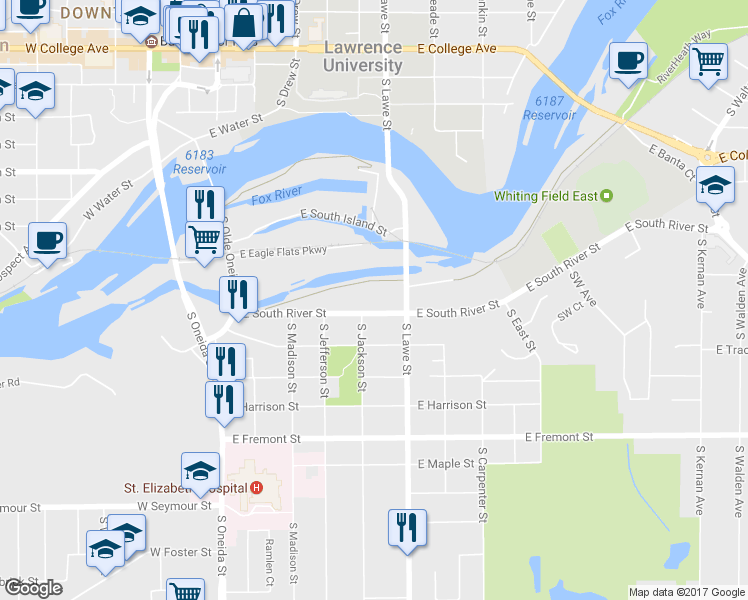 map of restaurants, bars, coffee shops, grocery stores, and more near 512 East South River Street in Appleton