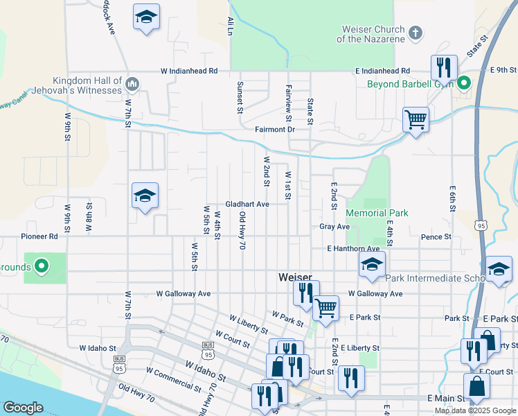 map of restaurants, bars, coffee shops, grocery stores, and more near 1309 West 2nd Street in Weiser