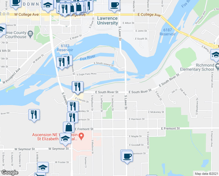 map of restaurants, bars, coffee shops, grocery stores, and more near 512 East South River Street in Appleton