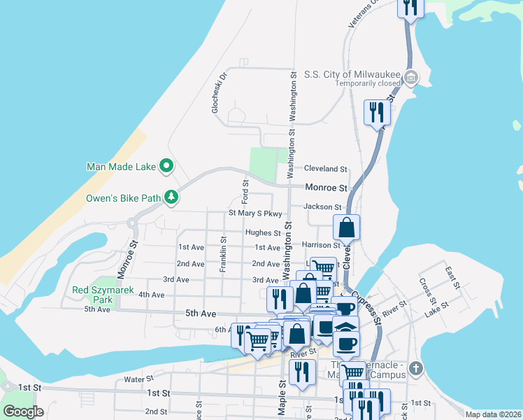 map of restaurants, bars, coffee shops, grocery stores, and more near 228 Saint Mary South Parkway in Manistee