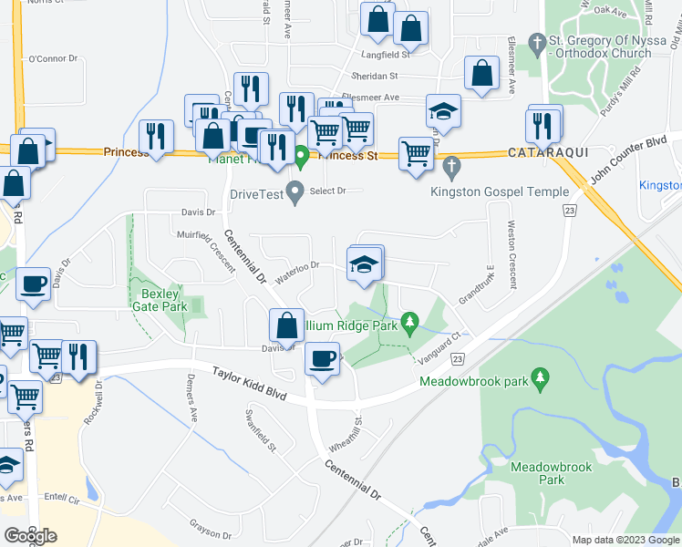 map of restaurants, bars, coffee shops, grocery stores, and more near 363 Waterloo Drive in Kingston