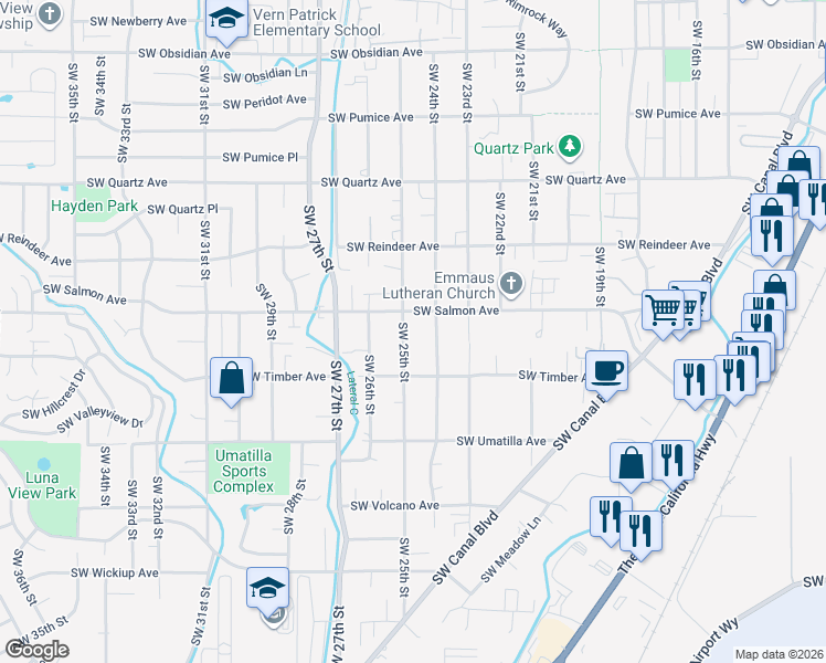 map of restaurants, bars, coffee shops, grocery stores, and more near 2325 Southwest 25th Street in Redmond