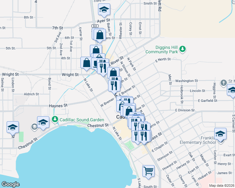 map of restaurants, bars, coffee shops, grocery stores, and more near 516 North Mitchell Street in Cadillac