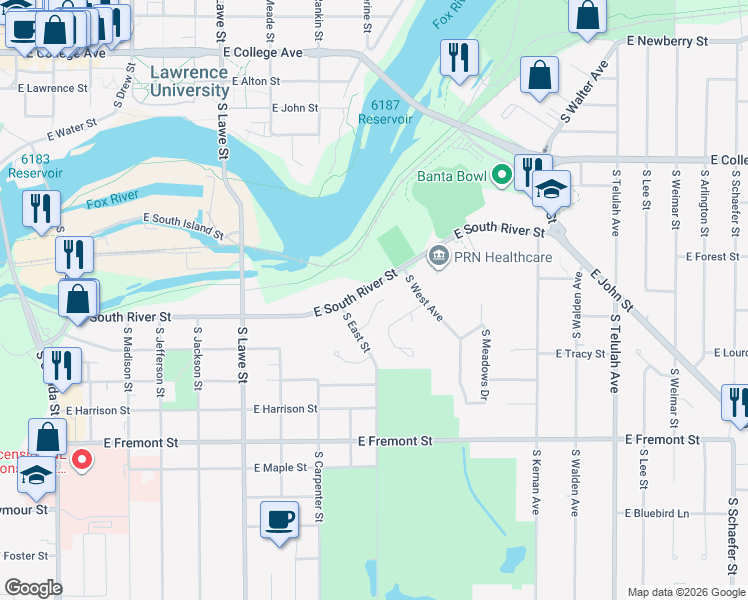 map of restaurants, bars, coffee shops, grocery stores, and more near 1028 East Green Tree Court in Appleton