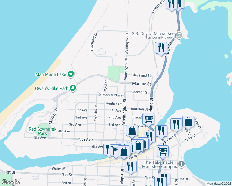 map of restaurants, bars, coffee shops, grocery stores, and more near 228 Saint Mary South Parkway in Manistee