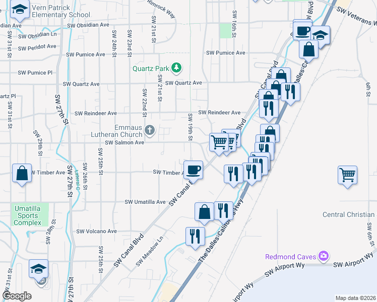 map of restaurants, bars, coffee shops, grocery stores, and more near 2320 Southwest 20th Court in Redmond