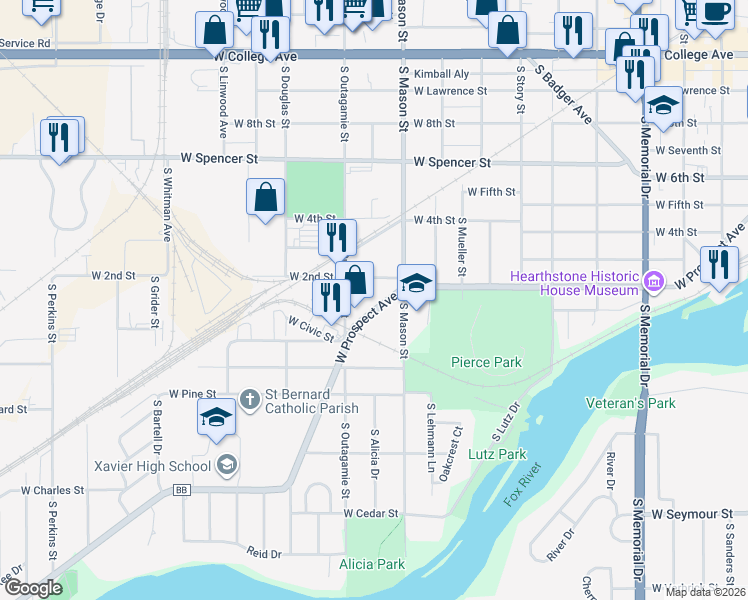 map of restaurants, bars, coffee shops, grocery stores, and more near 1312 West Prospect Avenue in Appleton