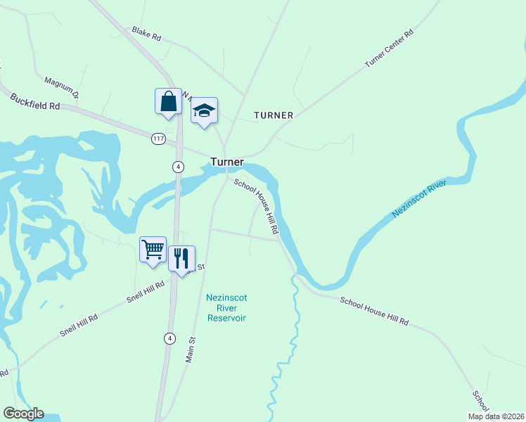 map of restaurants, bars, coffee shops, grocery stores, and more near 41 Church Street in Turner