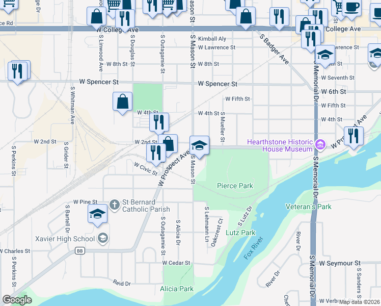 map of restaurants, bars, coffee shops, grocery stores, and more near 1312 West Prospect Avenue in Appleton