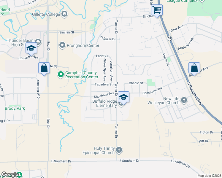map of restaurants, bars, coffee shops, grocery stores, and more near 206 Tapadera Street in Gillette