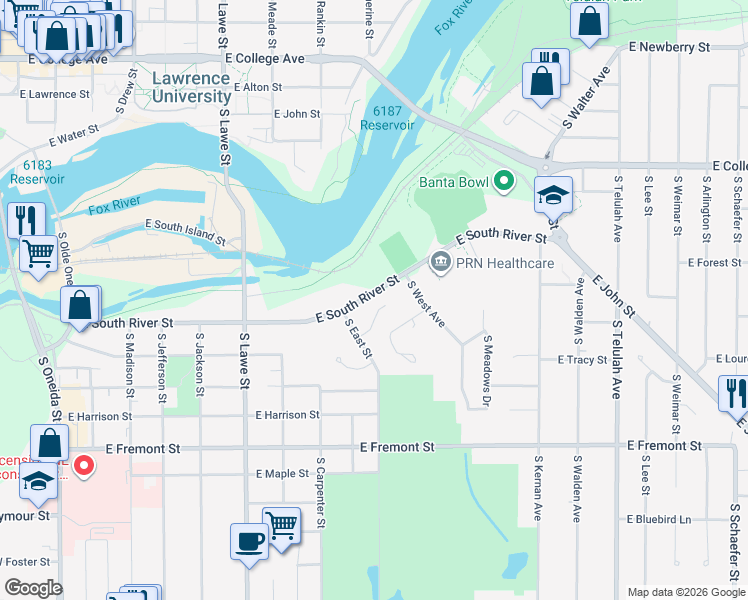 map of restaurants, bars, coffee shops, grocery stores, and more near 1028 East Green Tree Court in Appleton