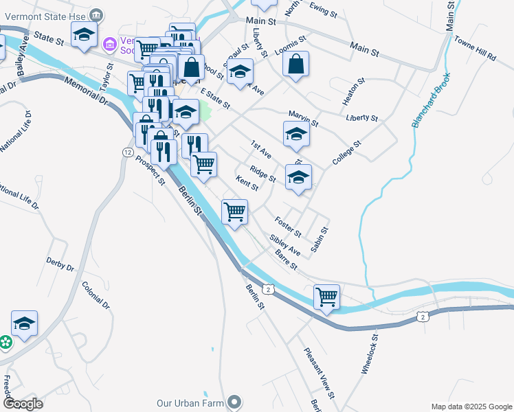 map of restaurants, bars, coffee shops, grocery stores, and more near 13 Charles Street in Montpelier