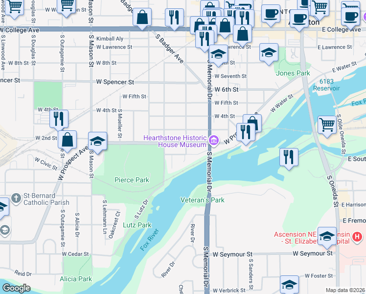 map of restaurants, bars, coffee shops, grocery stores, and more near 803 West Prospect Avenue in Appleton