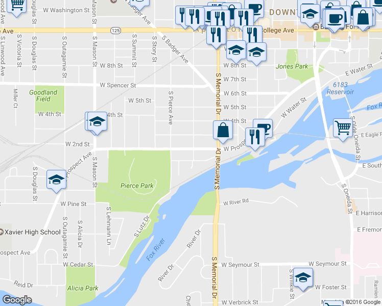 map of restaurants, bars, coffee shops, grocery stores, and more near 803 West Prospect Avenue in Appleton