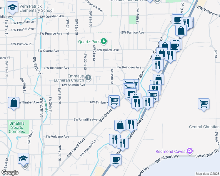 map of restaurants, bars, coffee shops, grocery stores, and more near 2320 Southwest 20th Court in Redmond