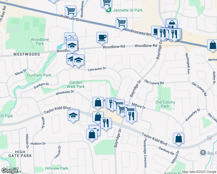 map of restaurants, bars, coffee shops, grocery stores, and more near 854 Bridle Path Crescent in Kingston