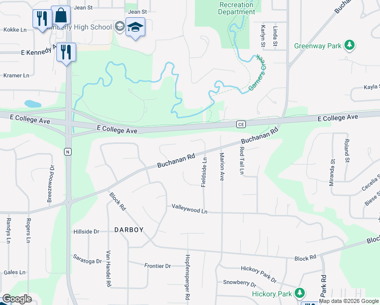 map of restaurants, bars, coffee shops, grocery stores, and more near W2512 Buchanan Road in Appleton