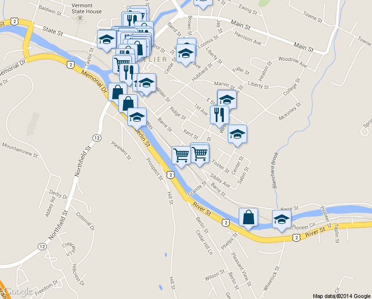 map of restaurants, bars, coffee shops, grocery stores, and more near 169 Barre Street in Montpelier