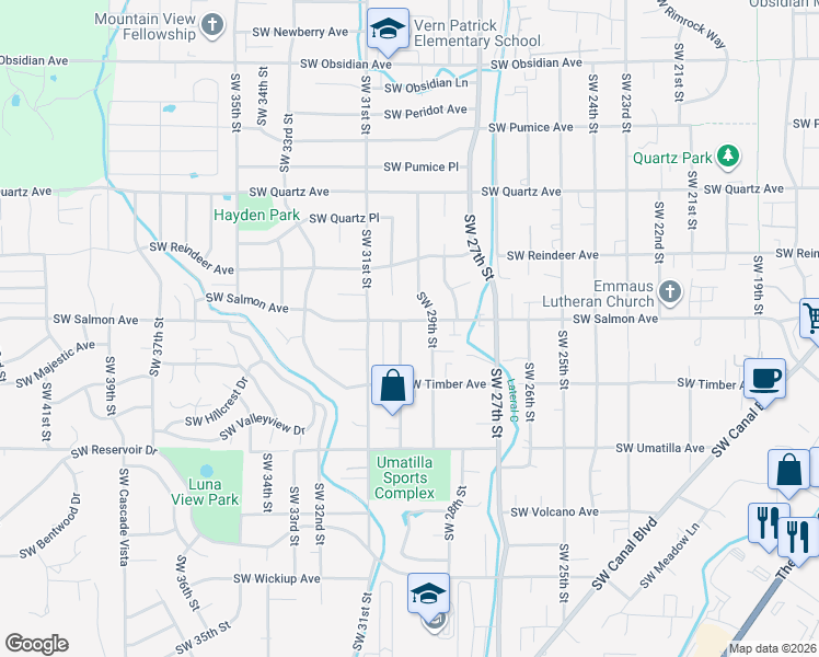 map of restaurants, bars, coffee shops, grocery stores, and more near 2940 Southwest Salmon Avenue in Redmond