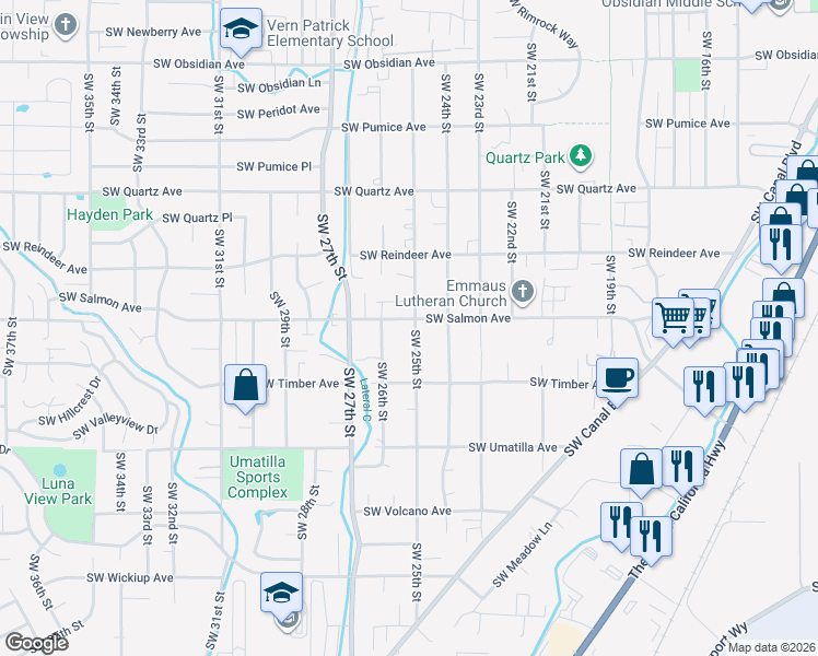 map of restaurants, bars, coffee shops, grocery stores, and more near 2325 Southwest 25th Street in Redmond