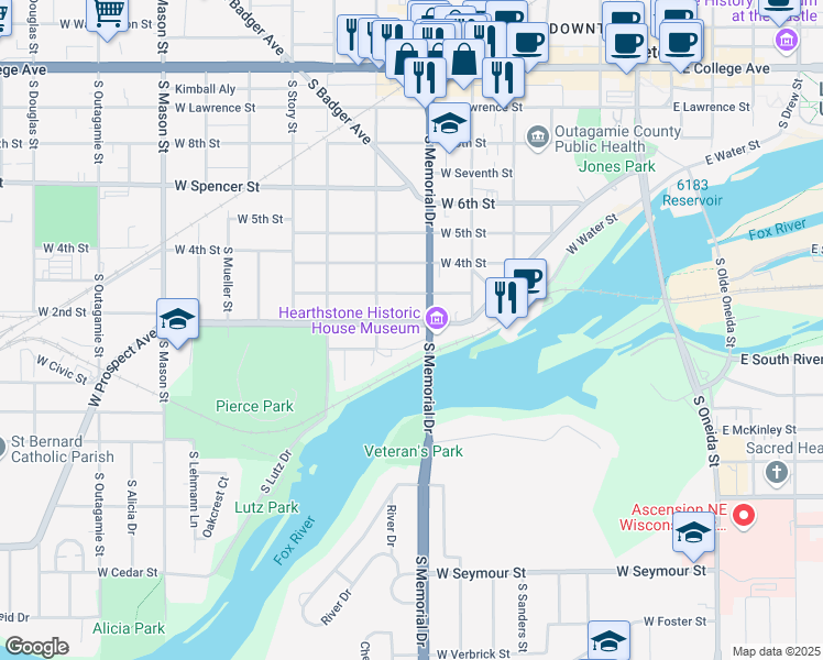 map of restaurants, bars, coffee shops, grocery stores, and more near 717 West Prospect Avenue in Appleton