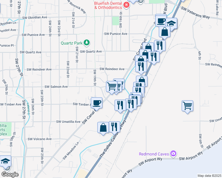 map of restaurants, bars, coffee shops, grocery stores, and more near 1655 Southwest Odem Medo Way in Redmond