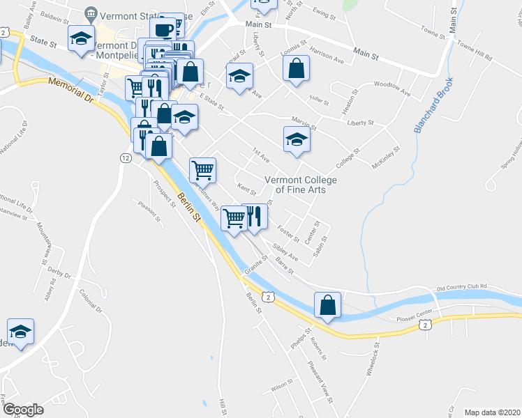 map of restaurants, bars, coffee shops, grocery stores, and more near 13 Charles Street in Montpelier