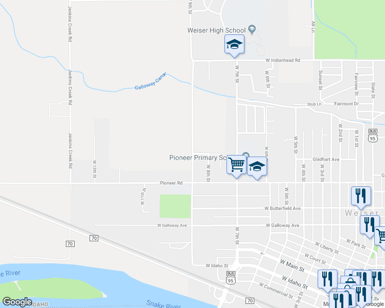 map of restaurants, bars, coffee shops, grocery stores, and more near 1302 West 9th Street in Weiser