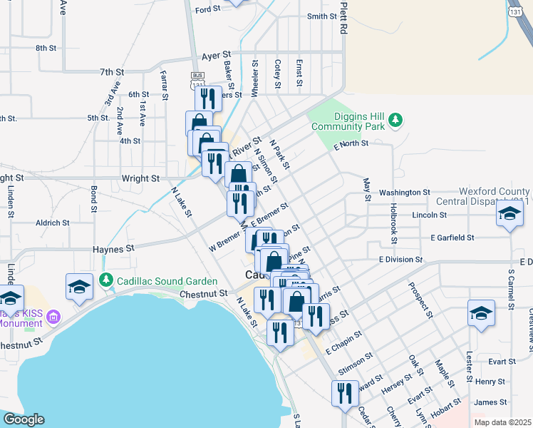 map of restaurants, bars, coffee shops, grocery stores, and more near 202 East Bremer Street in Cadillac