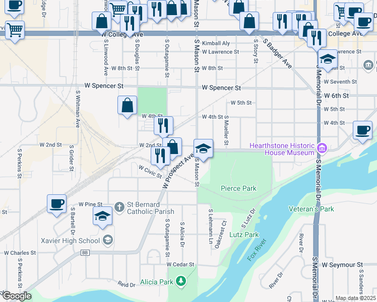 map of restaurants, bars, coffee shops, grocery stores, and more near 1312 West Prospect Avenue in Appleton